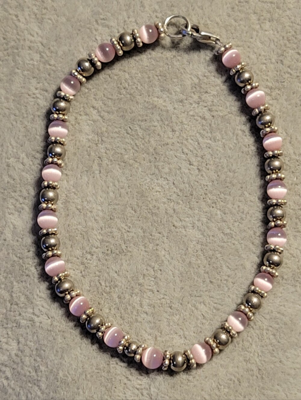 Vintage Sterling Silver 925 Pink Cat’s Eye Beaded Bracelet • Pastel Chatoyant